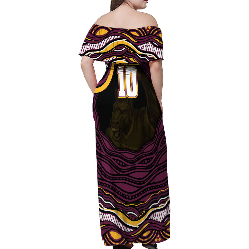 Personalized Brisbane Broncos Family Matching Off Shoulder Maxi Dress and Hawaiian Shirt Aboriginal Dot Art - Dreamtime Rugby Mascot
