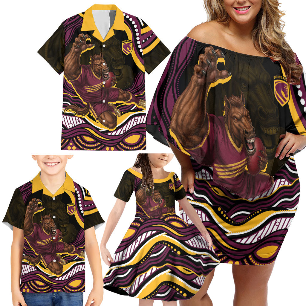 Personalized Brisbane Broncos Family Matching Off Shoulder Short Dress and Hawaiian Shirt Aboriginal Dot Art - Dreamtime Rugby Mascot