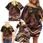 Personalized Brisbane Broncos Family Matching Off Shoulder Short Dress and Hawaiian Shirt Aboriginal Dot Art - Dreamtime Rugby Mascot