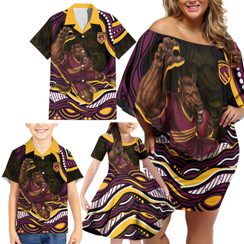 Personalized Brisbane Broncos Family Matching Off Shoulder Short Dress and Hawaiian Shirt Aboriginal Dot Art - Dreamtime Rugby Mascot