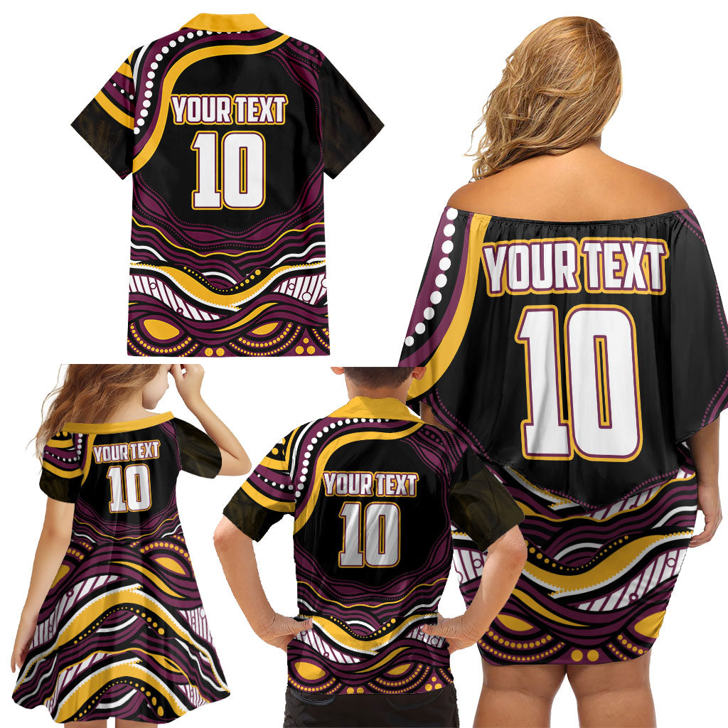 Personalized Brisbane Broncos Family Matching Off Shoulder Short Dress and Hawaiian Shirt Aboriginal Dot Art - Dreamtime Rugby Mascot