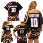 Personalized Brisbane Broncos Family Matching Off Shoulder Short Dress and Hawaiian Shirt Aboriginal Dot Art - Dreamtime Rugby Mascot
