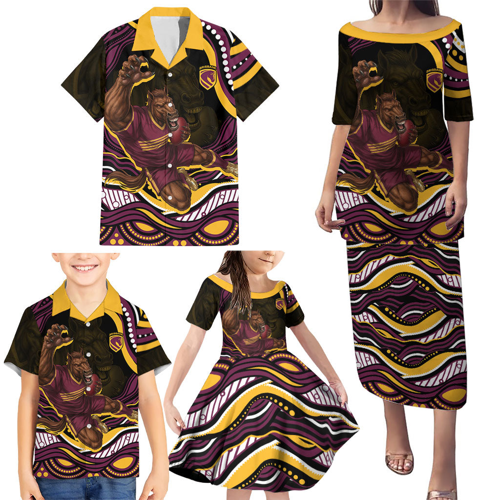 Personalized Brisbane Broncos Family Matching Puletasi and Hawaiian Shirt Aboriginal Dot Art - Dreamtime Rugby Mascot