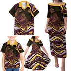 Personalized Brisbane Broncos Family Matching Puletasi and Hawaiian Shirt Aboriginal Dot Art - Dreamtime Rugby Mascot
