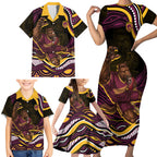 Personalized Brisbane Broncos Family Matching Short Sleeve Bodycon Dress and Hawaiian Shirt Aboriginal Dot Art - Dreamtime Rugby Mascot