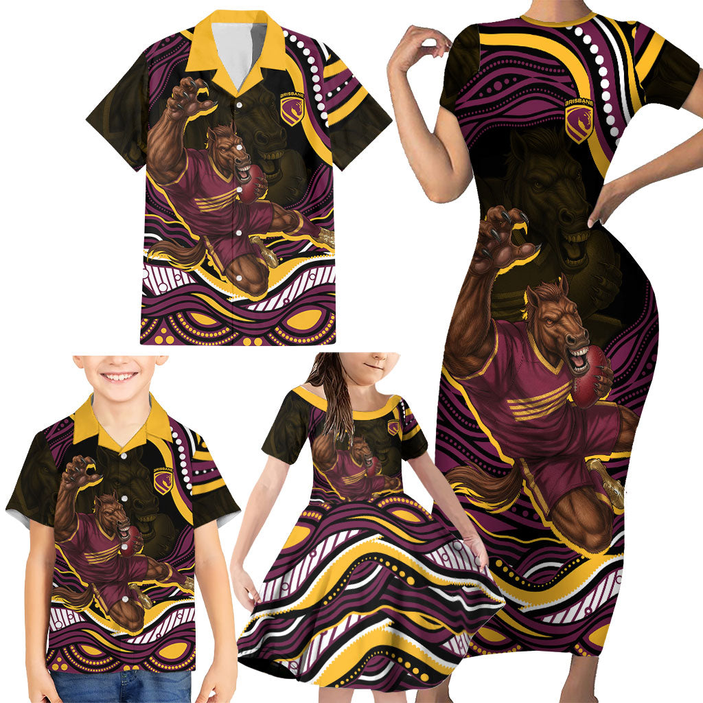 Personalized Brisbane Broncos Family Matching Short Sleeve Bodycon Dress and Hawaiian Shirt Aboriginal Dot Art - Dreamtime Rugby Mascot