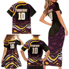Personalized Brisbane Broncos Family Matching Short Sleeve Bodycon Dress and Hawaiian Shirt Aboriginal Dot Art - Dreamtime Rugby Mascot