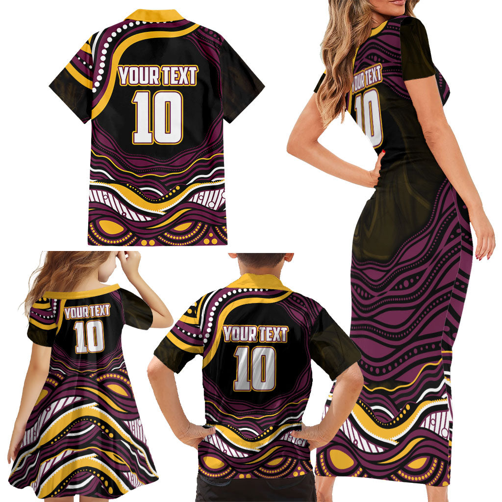 Personalized Brisbane Broncos Family Matching Short Sleeve Bodycon Dress and Hawaiian Shirt Aboriginal Dot Art - Dreamtime Rugby Mascot