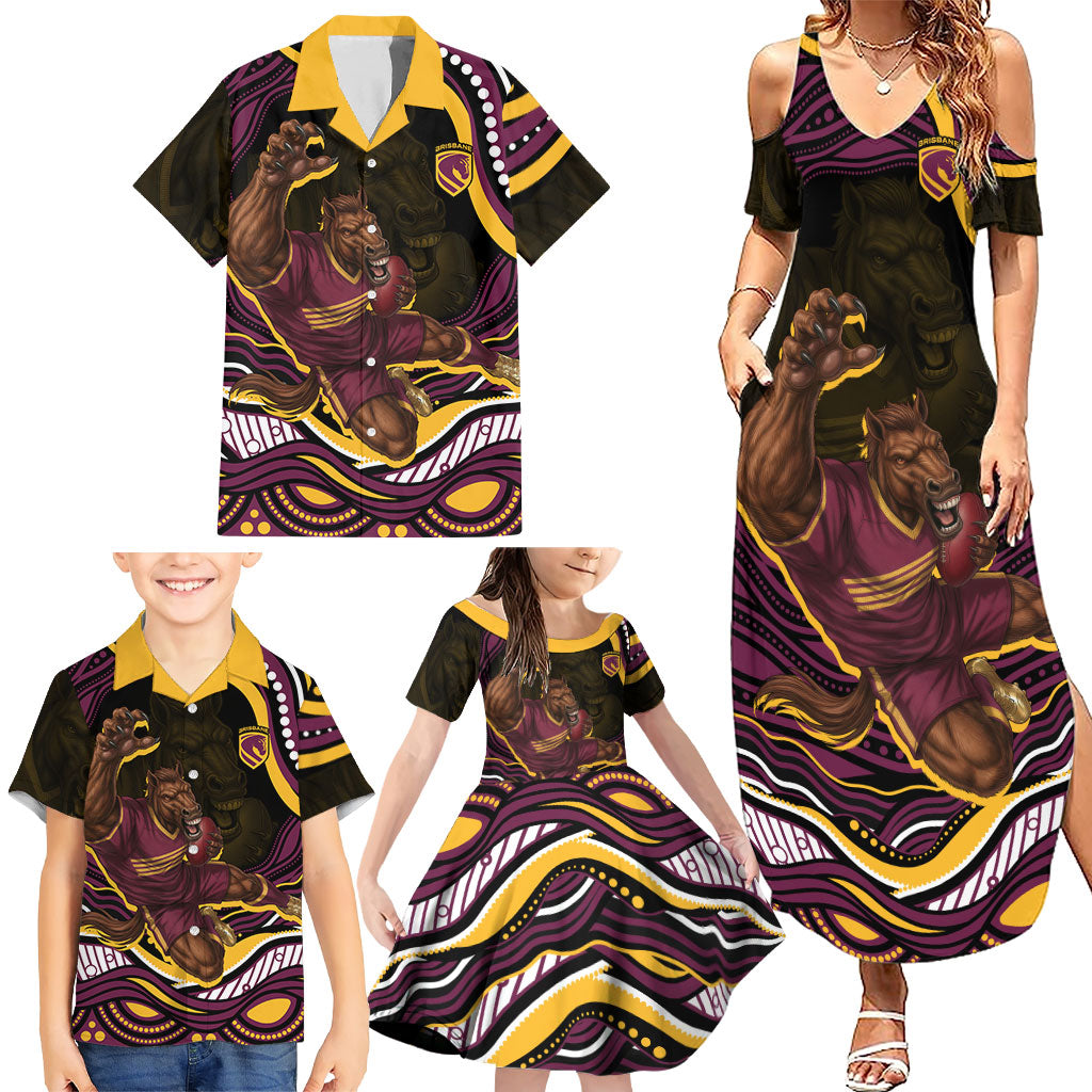 Personalized Brisbane Broncos Family Matching Summer Maxi Dress and Hawaiian Shirt Aboriginal Dot Art - Dreamtime Rugby Mascot