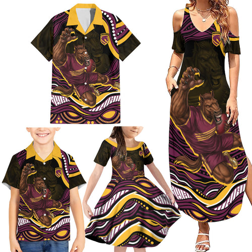 Personalized Brisbane Broncos Family Matching Summer Maxi Dress and Hawaiian Shirt Aboriginal Dot Art - Dreamtime Rugby Mascot