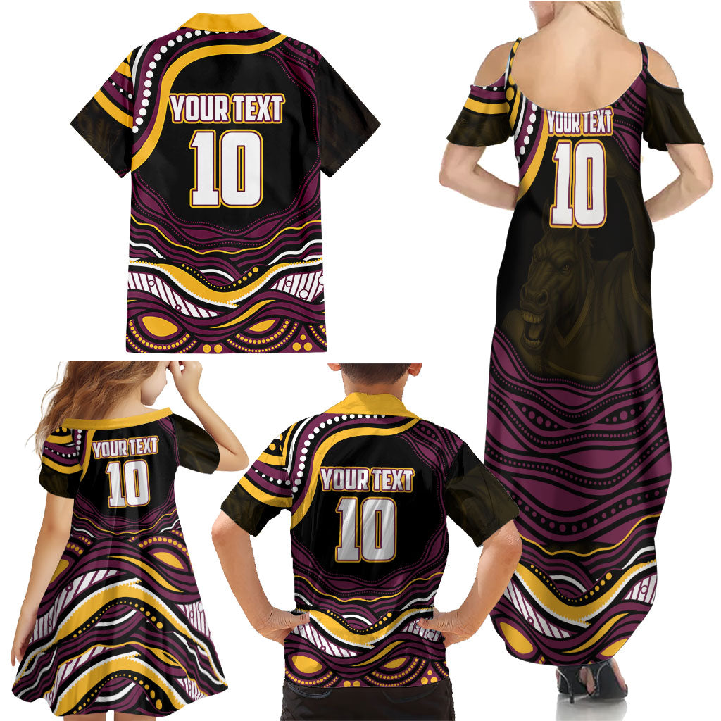 Personalized Brisbane Broncos Family Matching Summer Maxi Dress and Hawaiian Shirt Aboriginal Dot Art - Dreamtime Rugby Mascot