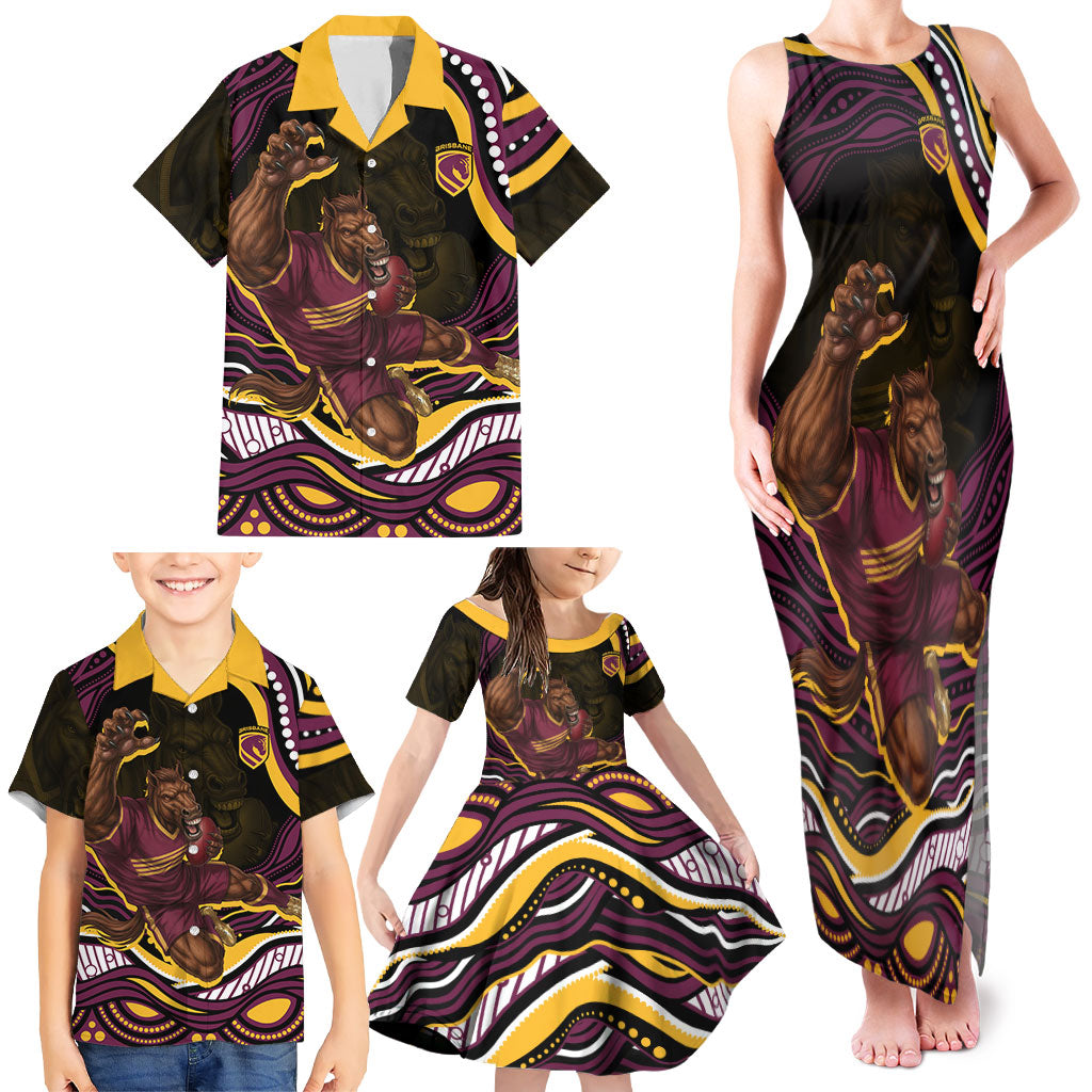Personalized Brisbane Broncos Family Matching Tank Maxi Dress and Hawaiian Shirt Aboriginal Dot Art - Dreamtime Rugby Mascot