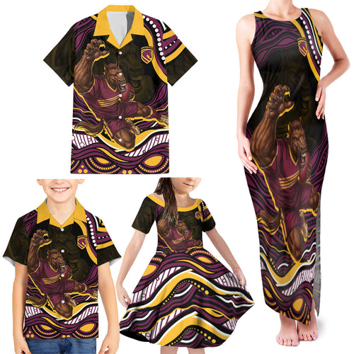 Personalized Brisbane Broncos Family Matching Tank Maxi Dress and Hawaiian Shirt Aboriginal Dot Art - Dreamtime Rugby Mascot