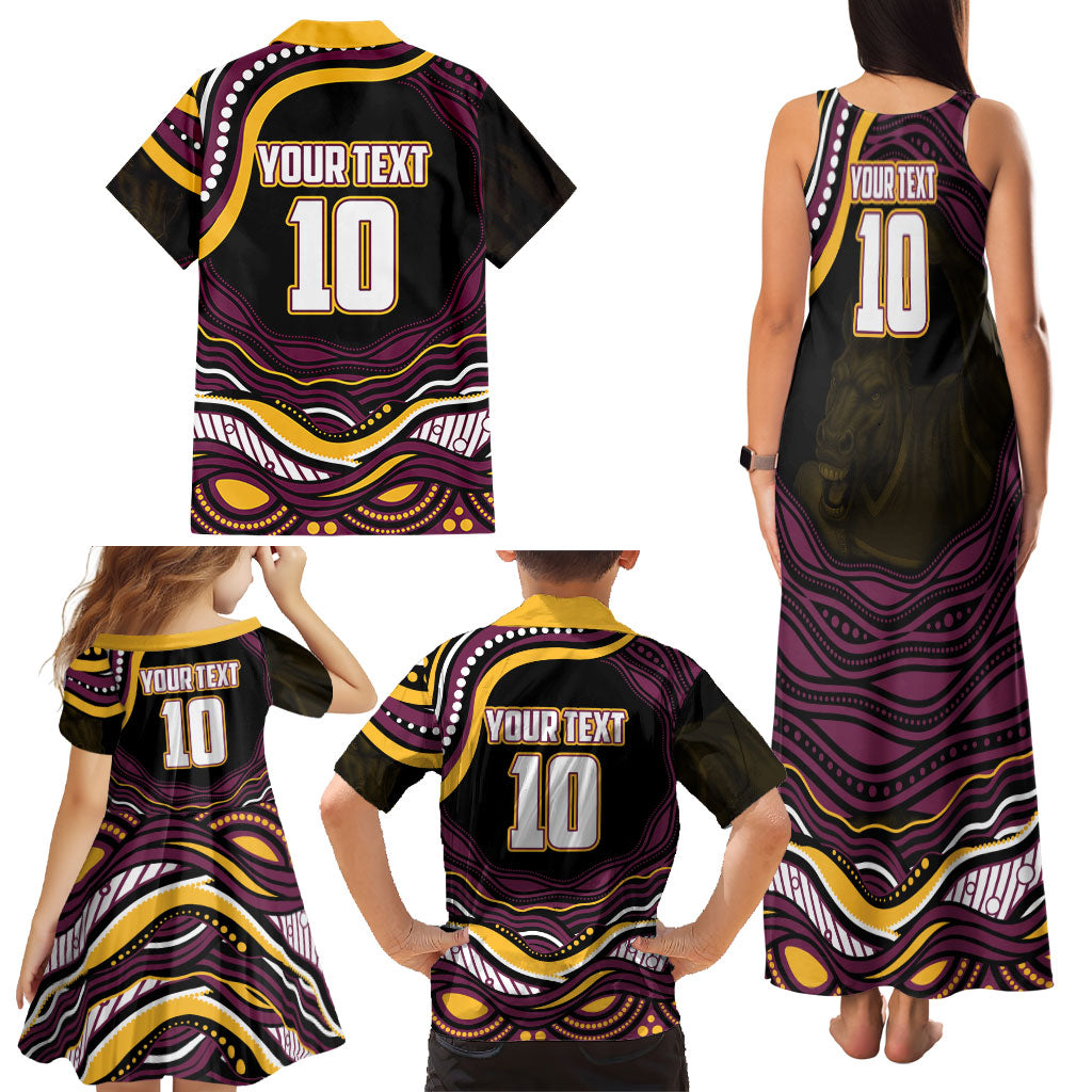 Personalized Brisbane Broncos Family Matching Tank Maxi Dress and Hawaiian Shirt Aboriginal Dot Art - Dreamtime Rugby Mascot