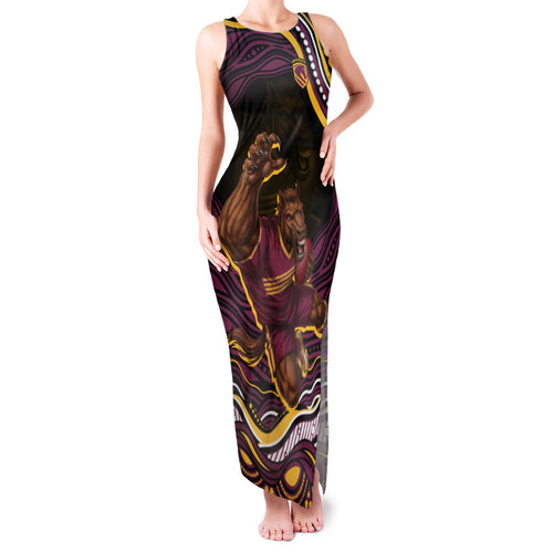 Personalized Brisbane Broncos Family Matching Tank Maxi Dress and Hawaiian Shirt Aboriginal Dot Art - Dreamtime Rugby Mascot