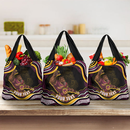Personalized Brisbane Broncos Grocery Bag Aboriginal Dot Art - Dreamtime Rugby Mascot