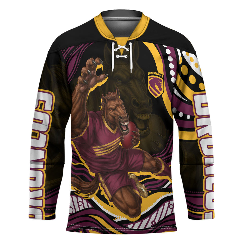 Personalized Brisbane Broncos Hockey Jersey Aboriginal Dot Art - Dreamtime Rugby Mascot