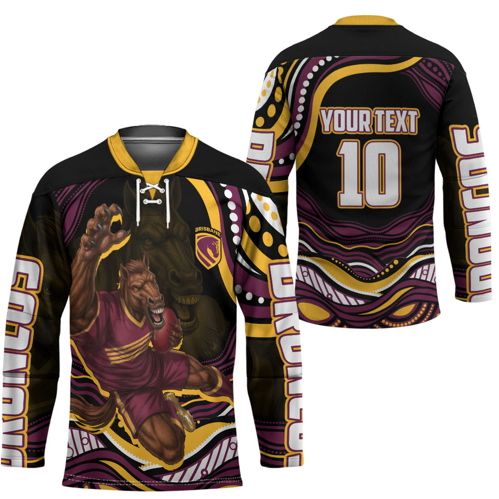Personalized Brisbane Broncos Hockey Jersey Aboriginal Dot Art - Dreamtime Rugby Mascot