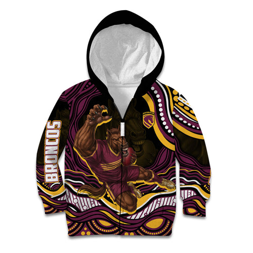 Personalized Brisbane Broncos Kid Hoodie Aboriginal Dot Art - Dreamtime Rugby Mascot