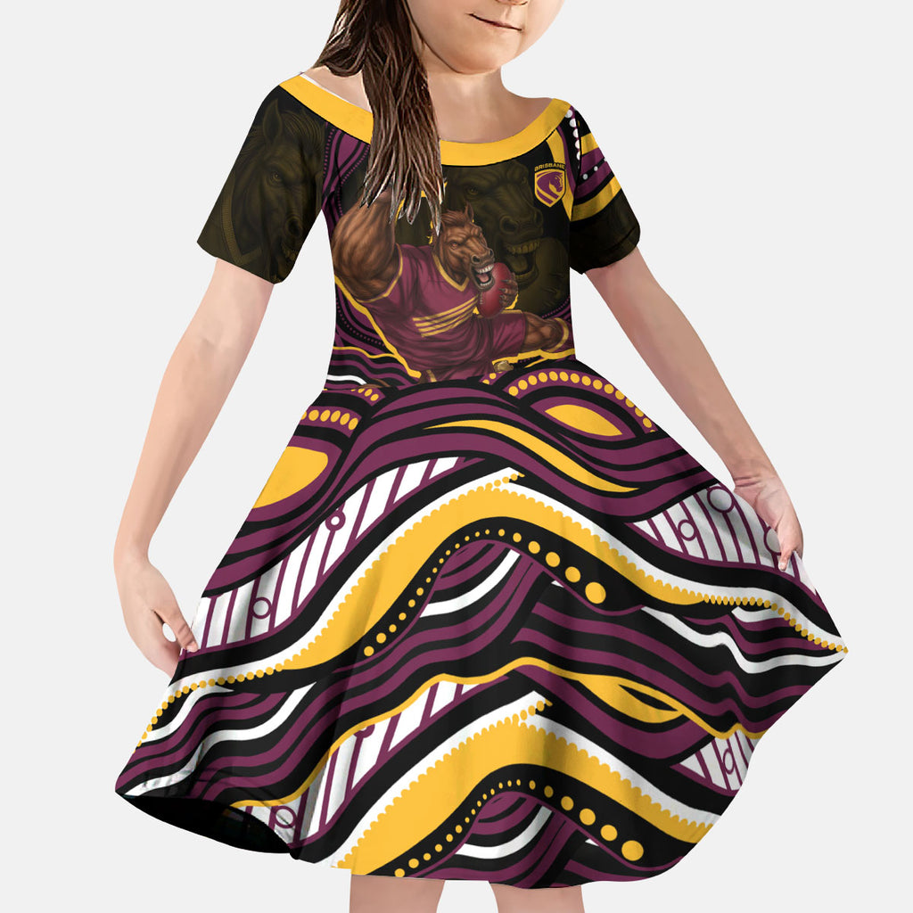 Personalized Brisbane Broncos Kid Short Sleeve Dress Aboriginal Dot Art - Dreamtime Rugby Mascot
