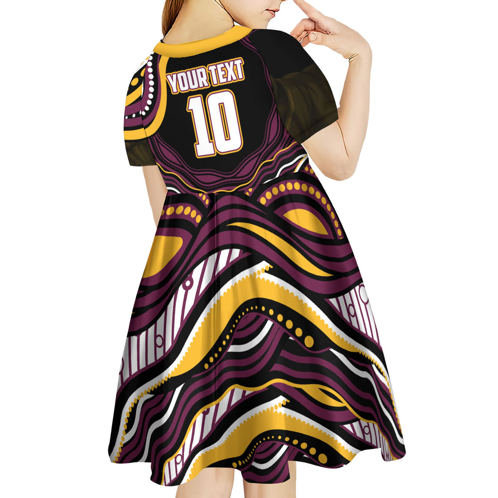 Personalized Brisbane Broncos Kid Short Sleeve Dress Aboriginal Dot Art - Dreamtime Rugby Mascot