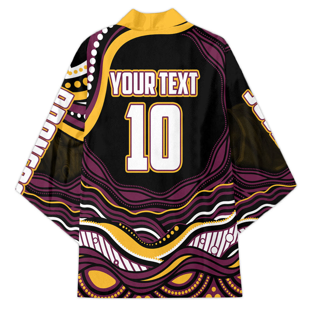 Personalized Brisbane Broncos Kimono Aboriginal Dot Art - Dreamtime Rugby Mascot