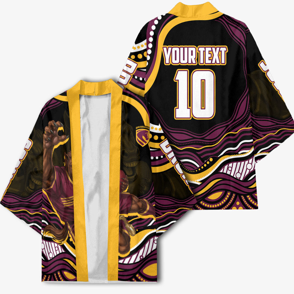 Personalized Brisbane Broncos Kimono Aboriginal Dot Art - Dreamtime Rugby Mascot