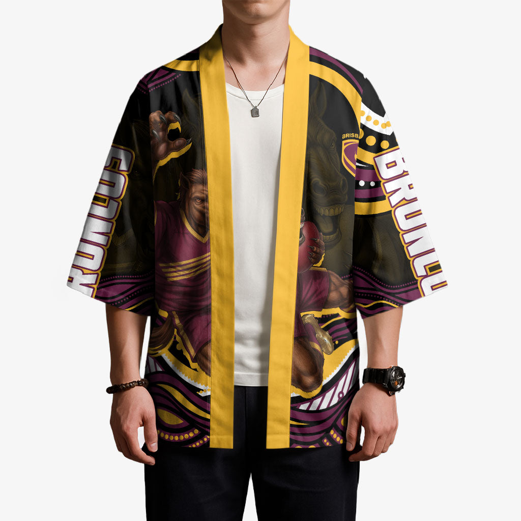 Personalized Brisbane Broncos Kimono Aboriginal Dot Art - Dreamtime Rugby Mascot