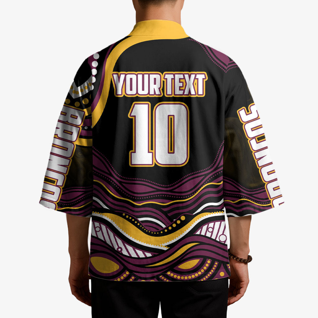 Personalized Brisbane Broncos Kimono Aboriginal Dot Art - Dreamtime Rugby Mascot