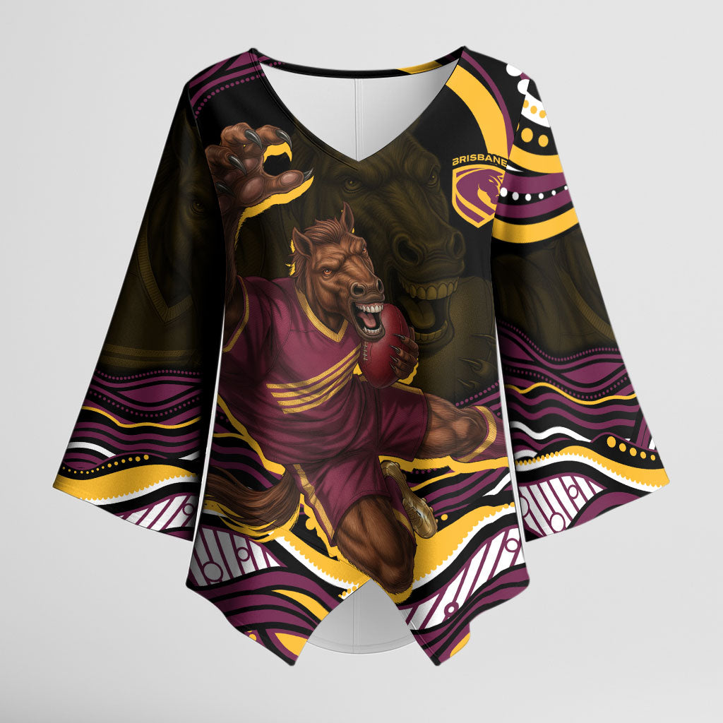 Personalized Brisbane Broncos Kimono Sleeve Blouse Aboriginal Dot Art - Dreamtime Rugby Mascot
