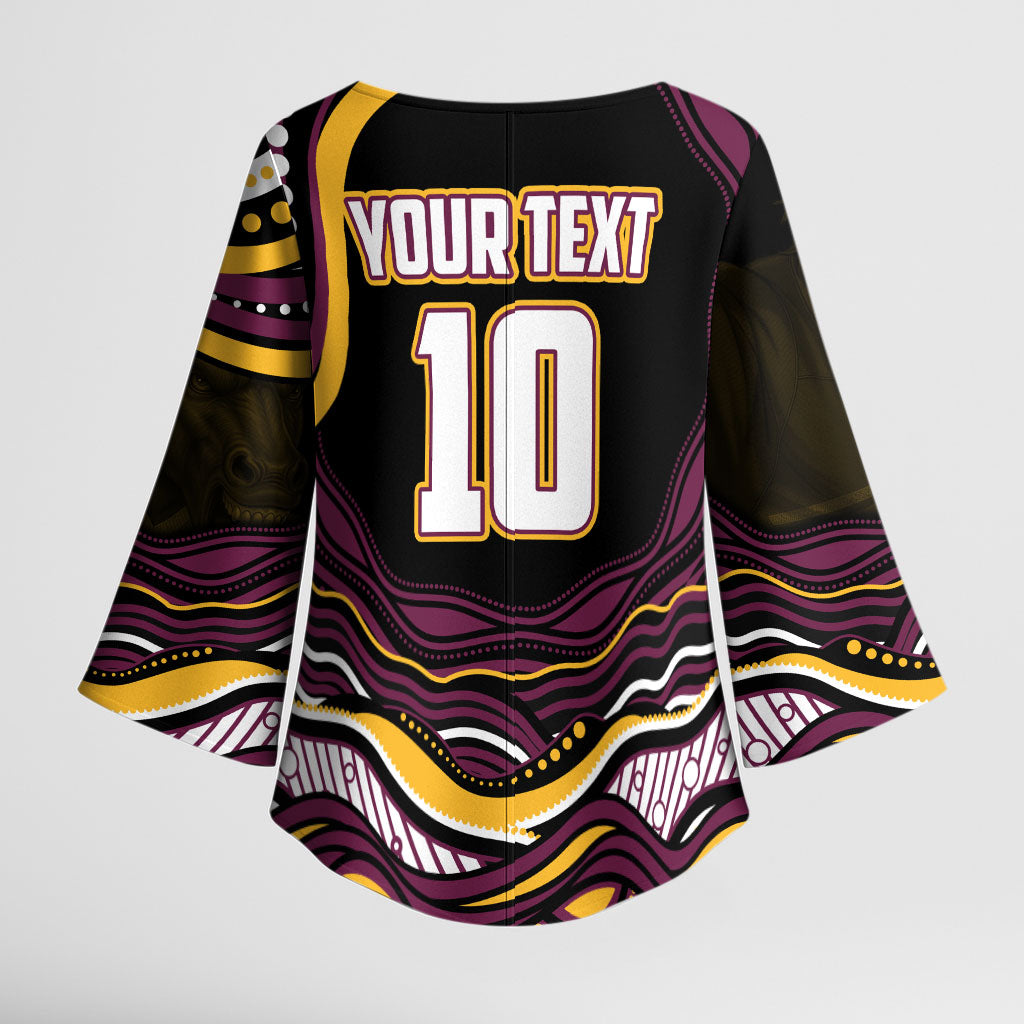 Personalized Brisbane Broncos Kimono Sleeve Blouse Aboriginal Dot Art - Dreamtime Rugby Mascot