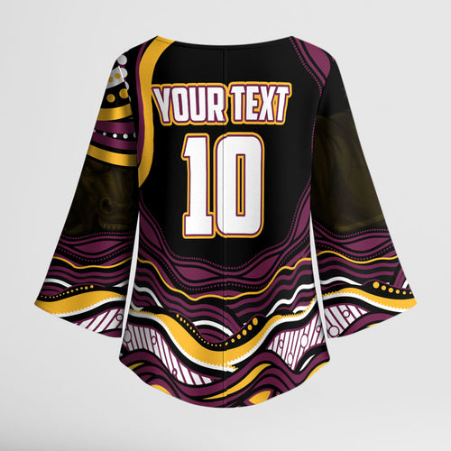 Personalized Brisbane Broncos Kimono Sleeve Blouse Aboriginal Dot Art - Dreamtime Rugby Mascot