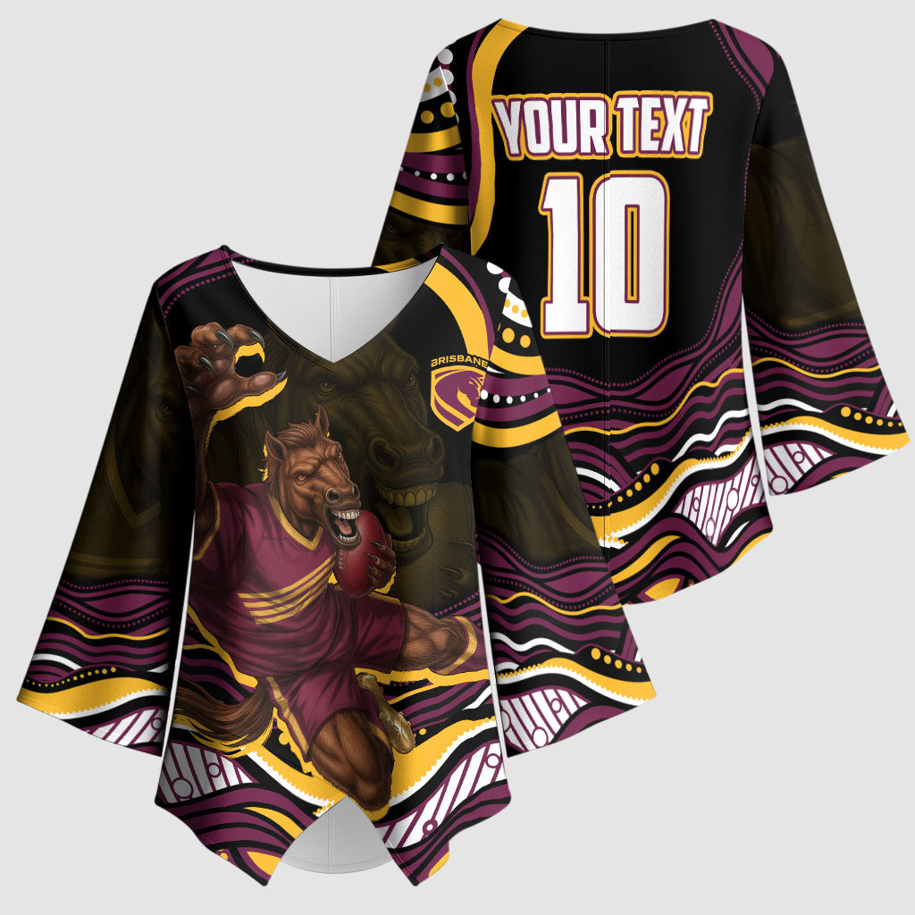 Personalized Brisbane Broncos Kimono Sleeve Blouse Aboriginal Dot Art - Dreamtime Rugby Mascot