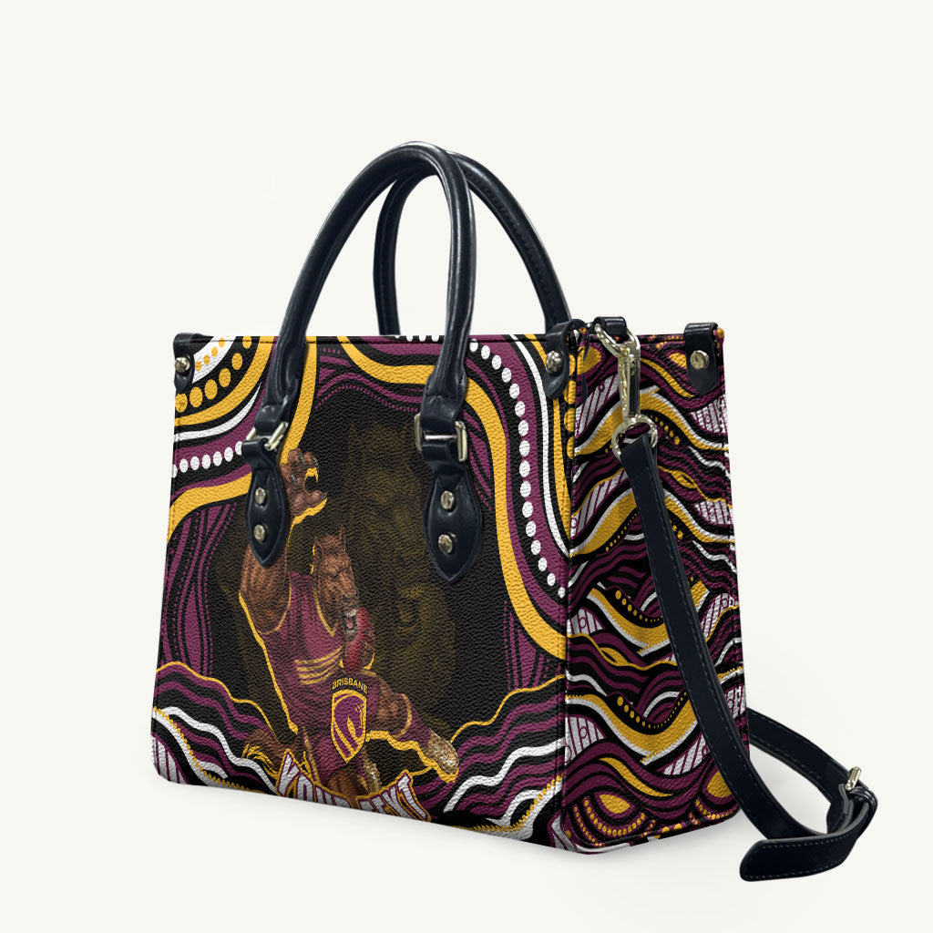 Personalized Brisbane Broncos Leather Bag Aboriginal Dot Art - Dreamtime Rugby Mascot