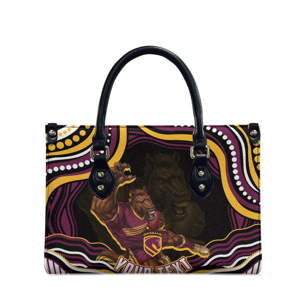 Personalized Brisbane Broncos Leather Bag Aboriginal Dot Art - Dreamtime Rugby Mascot