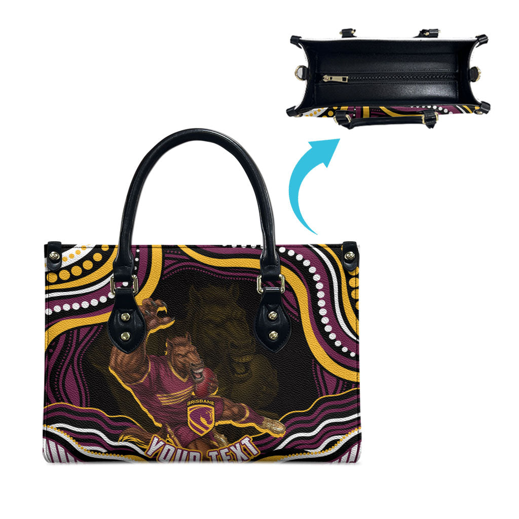 Personalized Brisbane Broncos Leather Bag Aboriginal Dot Art - Dreamtime Rugby Mascot