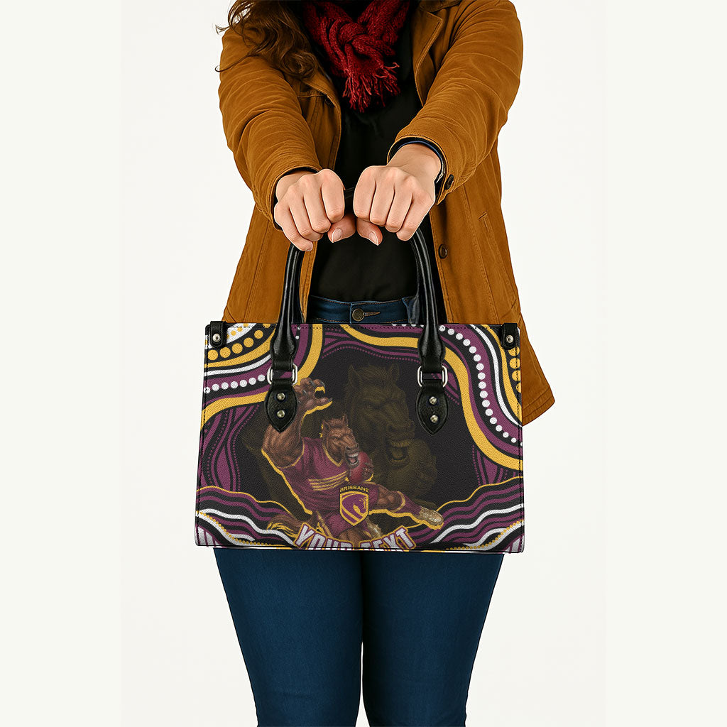 Personalized Brisbane Broncos Leather Bag Aboriginal Dot Art - Dreamtime Rugby Mascot