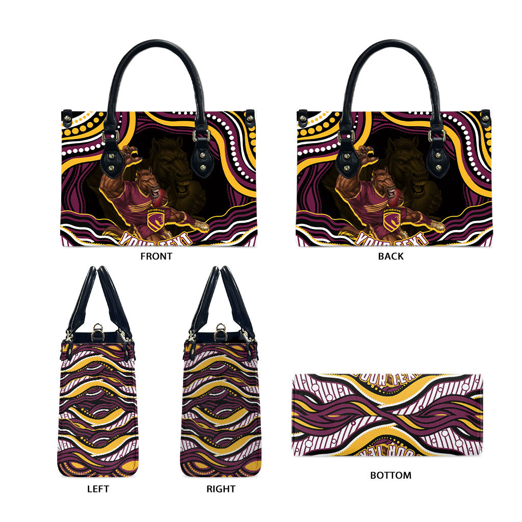 Personalized Brisbane Broncos Leather Bag Aboriginal Dot Art - Dreamtime Rugby Mascot