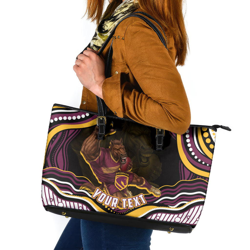 Personalized Brisbane Broncos Leather Tote Bag Aboriginal Dot Art - Dreamtime Rugby Mascot