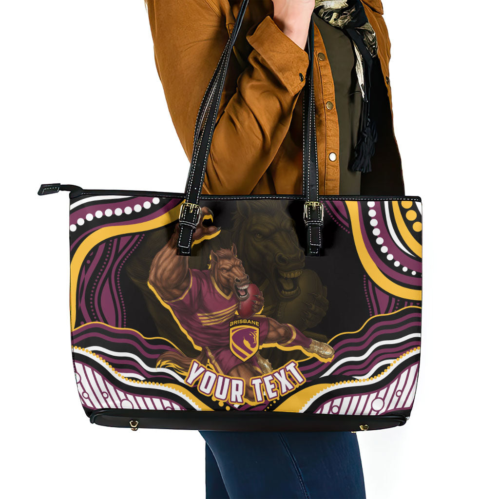 Personalized Brisbane Broncos Leather Tote Bag Aboriginal Dot Art - Dreamtime Rugby Mascot
