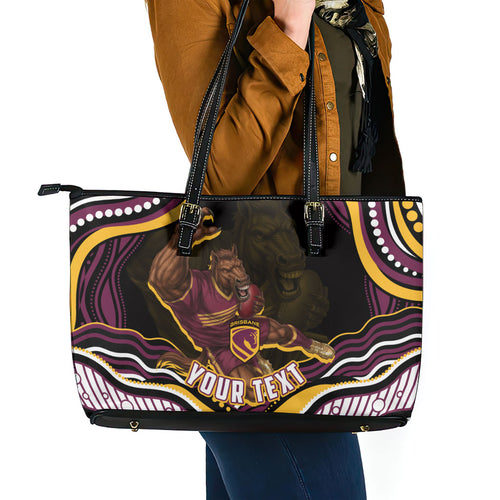 Personalized Brisbane Broncos Leather Tote Bag Aboriginal Dot Art - Dreamtime Rugby Mascot