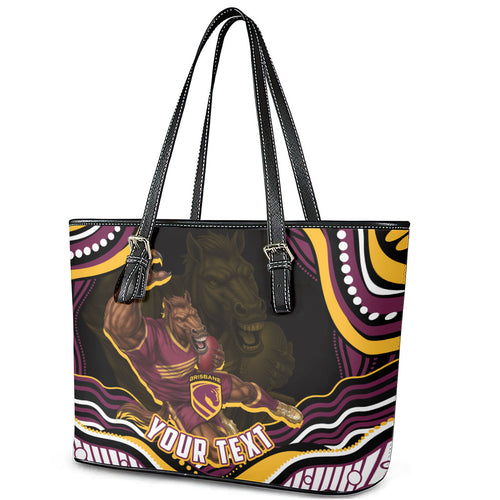 Personalized Brisbane Broncos Leather Tote Bag Aboriginal Dot Art - Dreamtime Rugby Mascot