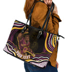 Personalized Brisbane Broncos Leather Tote Bag Aboriginal Dot Art - Dreamtime Rugby Mascot