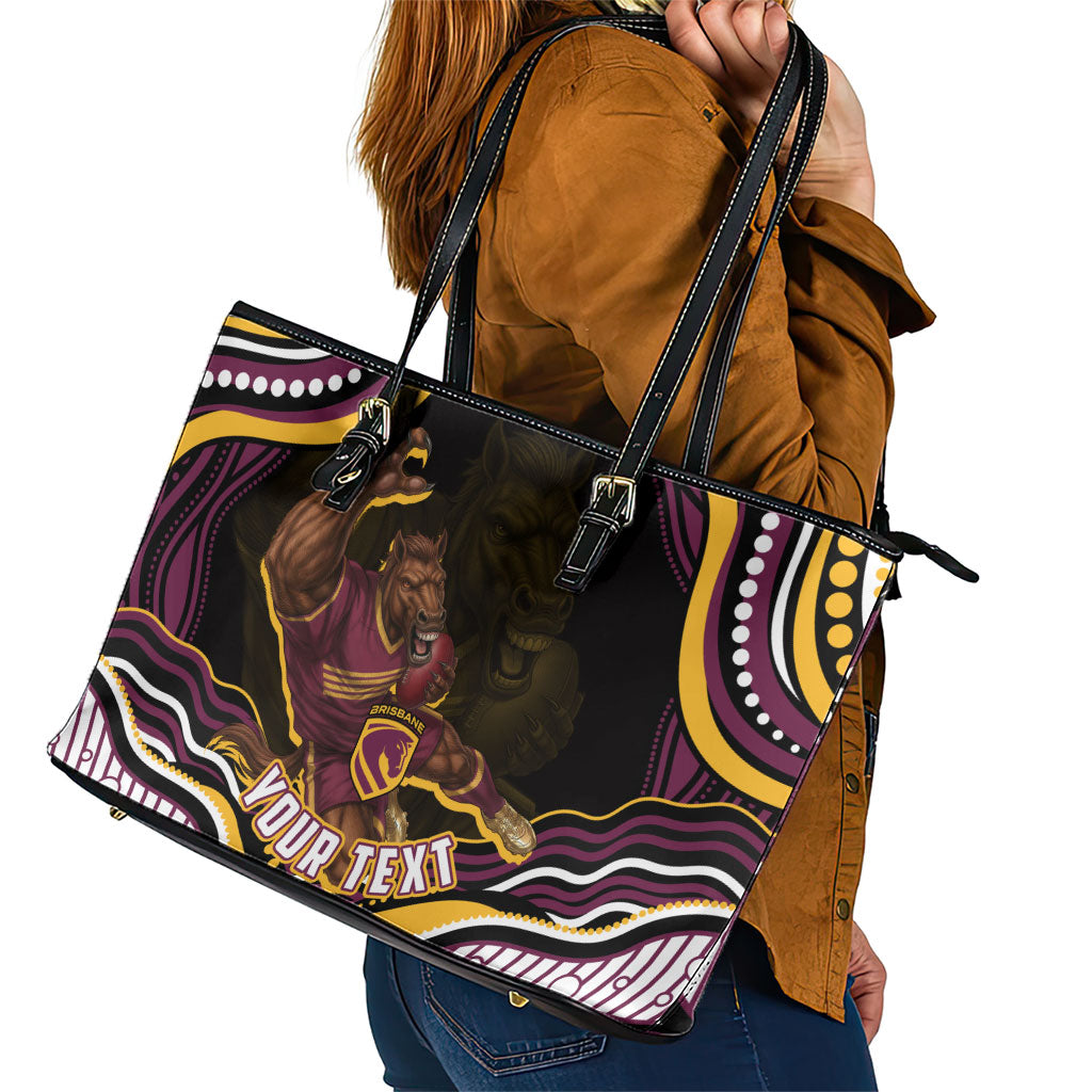 Personalized Brisbane Broncos Leather Tote Bag Aboriginal Dot Art - Dreamtime Rugby Mascot