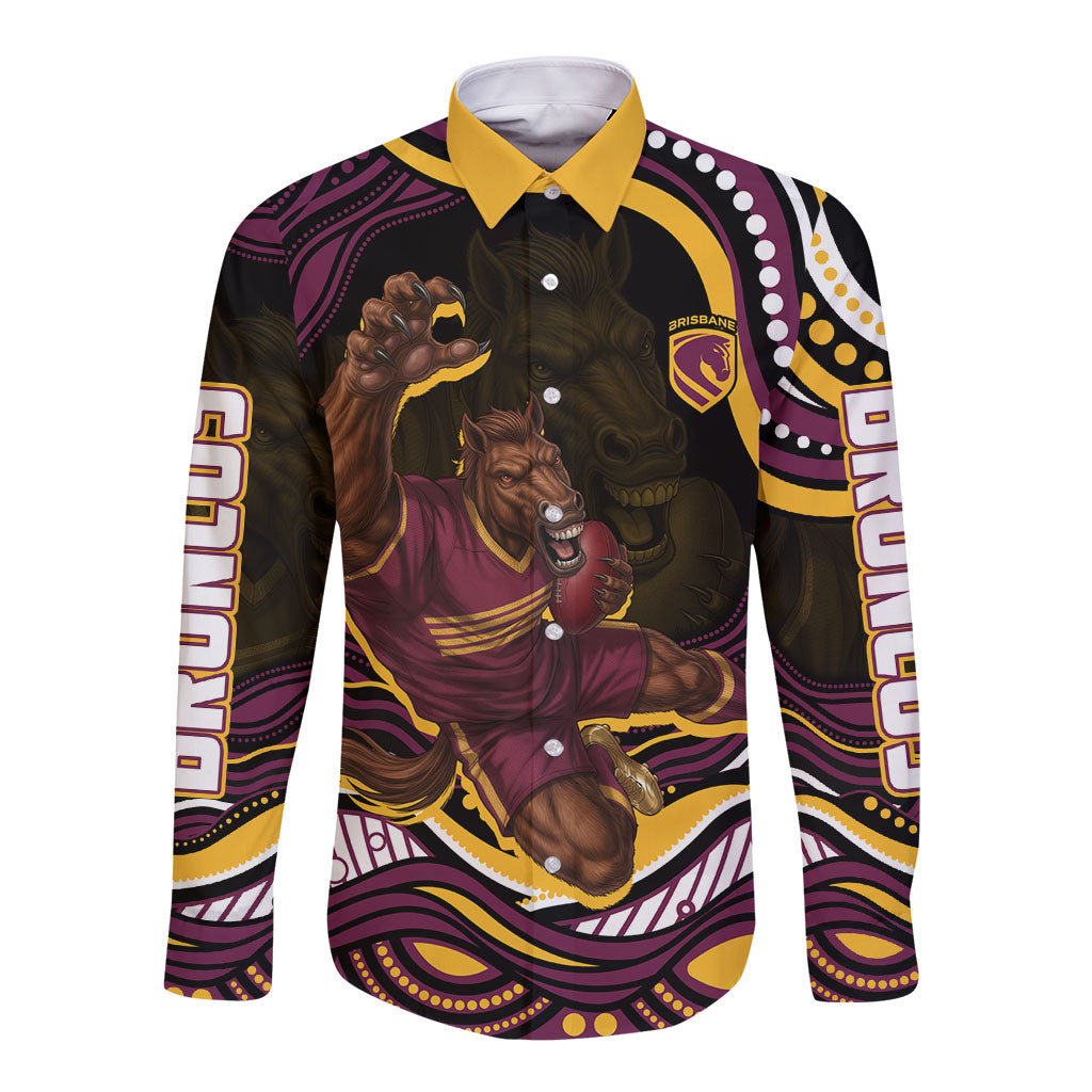 Personalized Brisbane Broncos Long Sleeve Button Shirt Aboriginal Dot Art - Dreamtime Rugby Mascot