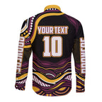 Personalized Brisbane Broncos Long Sleeve Button Shirt Aboriginal Dot Art - Dreamtime Rugby Mascot
