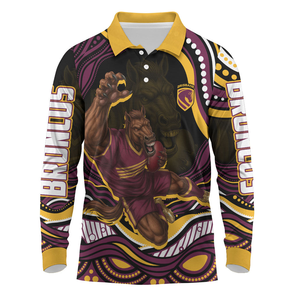 Personalized Brisbane Broncos Long Sleeve Polo Shirt Aboriginal Dot Art - Dreamtime Rugby Mascot