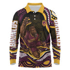 Personalized Brisbane Broncos Long Sleeve Polo Shirt Aboriginal Dot Art - Dreamtime Rugby Mascot