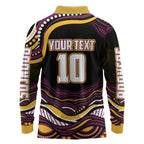 Personalized Brisbane Broncos Long Sleeve Polo Shirt Aboriginal Dot Art - Dreamtime Rugby Mascot