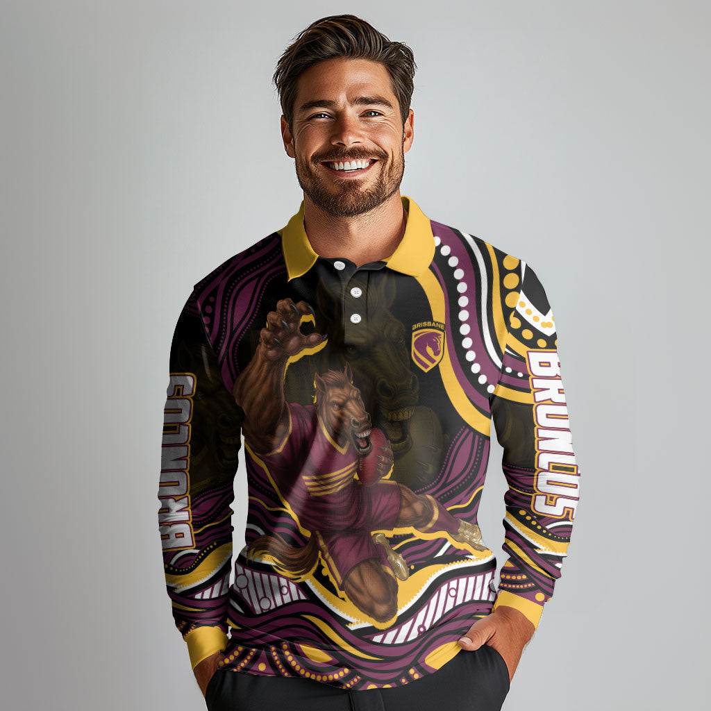 Personalized Brisbane Broncos Long Sleeve Polo Shirt Aboriginal Dot Art - Dreamtime Rugby Mascot